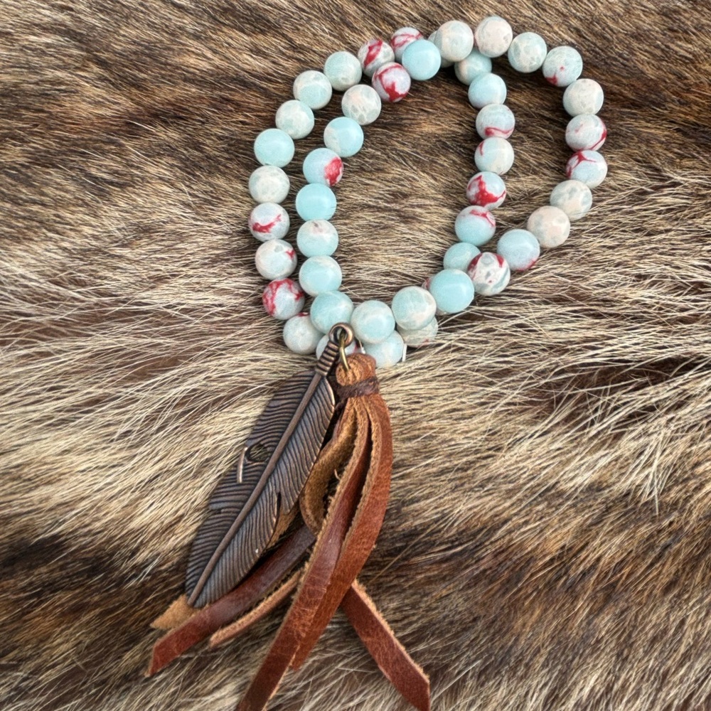 Jasper Aqua Terra Stone bracelet with copper feather, leather tassel
